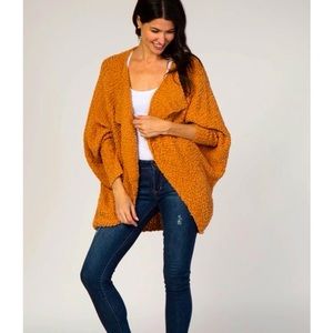 Debut Mustard Yellow Popcorn Open Front Oversized Cardigan Womens S